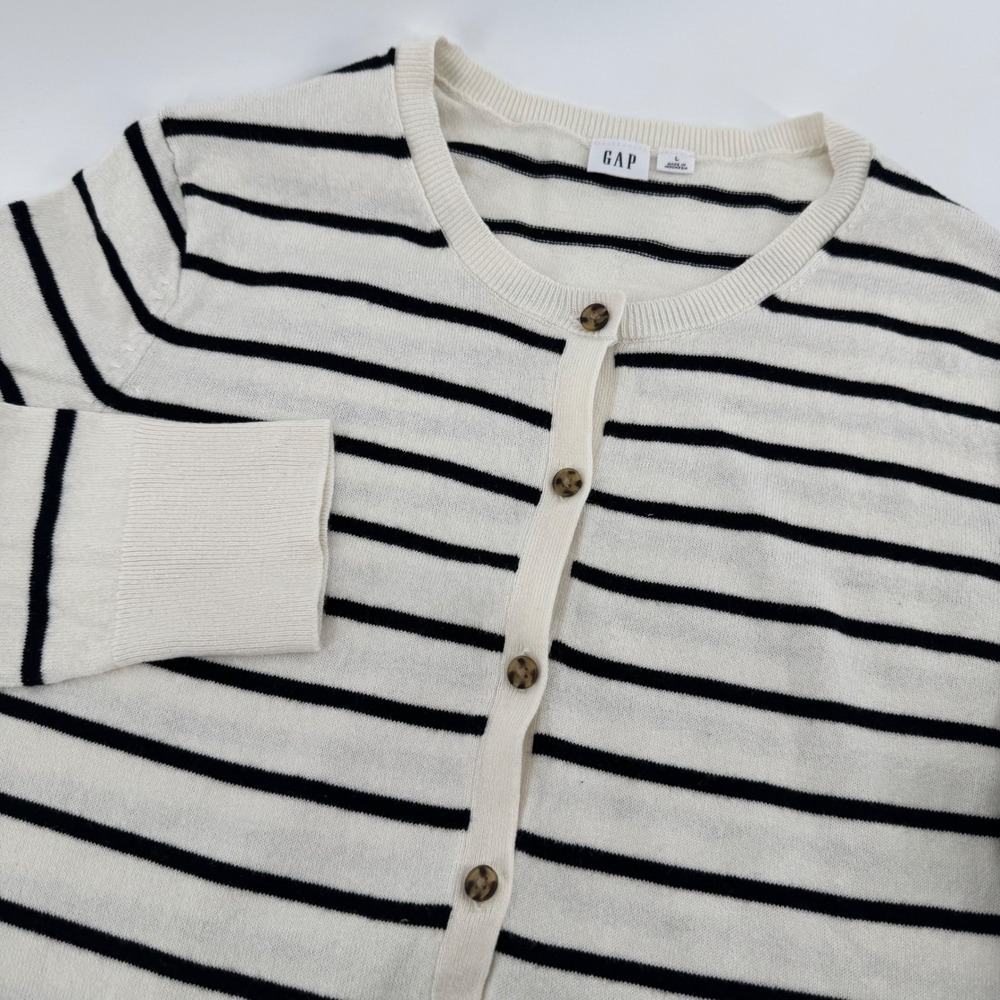 Gap Crewneck Cardigan Womens Large White Black Striped Cotton Button Front Knit